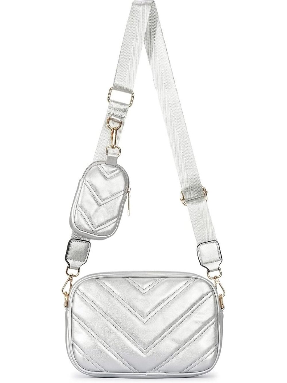 Women's Silvery Vegan Leather Quilted Small Coin Pouch Strap Crossbody Bag